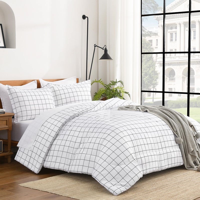 Andency Queen Comforter Set White Gingham, Plaid Grid Checkered Bedding Comforter Set Queen Size, 3 Pieces Lightweight Reversible Geometric Modern Bedding Set(90x90 Inch) - Image 3